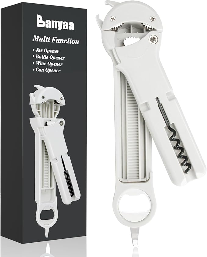 7 in 1 Jar Opener Bottle Opener and Wine Opener for Seniors with Arthritis, Weak Hands, Multi Retractable Magnetic Can Opener, Original Kitchen Lid Opener Tool (White)