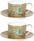 KAMMAK Tea Cups and Saucers Set of 2, Porcelain Coffee Cups, Stackable Espresso Mugs, Ceramic Demitasse for Coffee, Cappuccino, Latte, Americano, Tea, Large - River and Mountains
