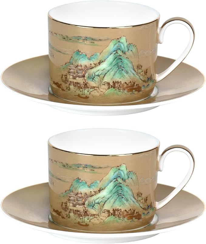 KAMMAK Tea Cups and Saucers Set of 2, Porcelain Coffee Cups, Stackable Espresso Mugs, Ceramic Demitasse for Coffee, Cappuccino, Latte, Americano, Tea, Large - River and Mountains