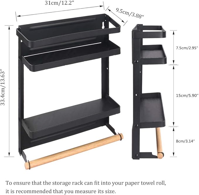 Refrigerator Shelf Organizer Magnetic Paper Towel Holder Kitchen Fridge Spice Rack Storage Spice Jars Holder(Black)