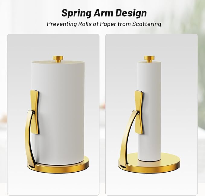 VEHHE Paper Towel Holder Countertop, Paper Towel Holder with Spring Activated Arm and Damping Effect, Simply Tear Paper Towel Stand for Bathroom and Kitchen (Gold)