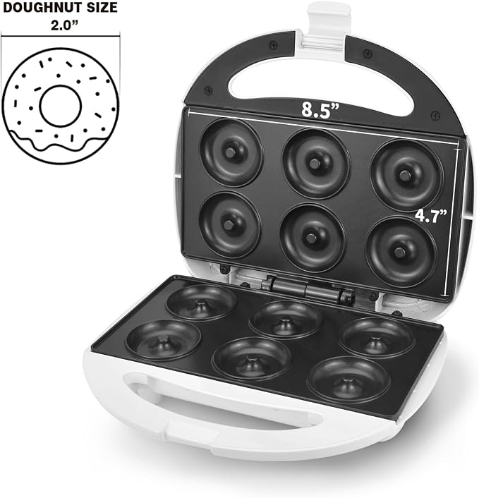 DSP Mini Donut Maker - Non-Stick, 6 Donuts, Cool-Touch | Quick 3-Min Baking, Indicator Lights, Easy Wipe-Clean, Breakfast/Snacks/Desserts, Electric Doughnut Machine, White