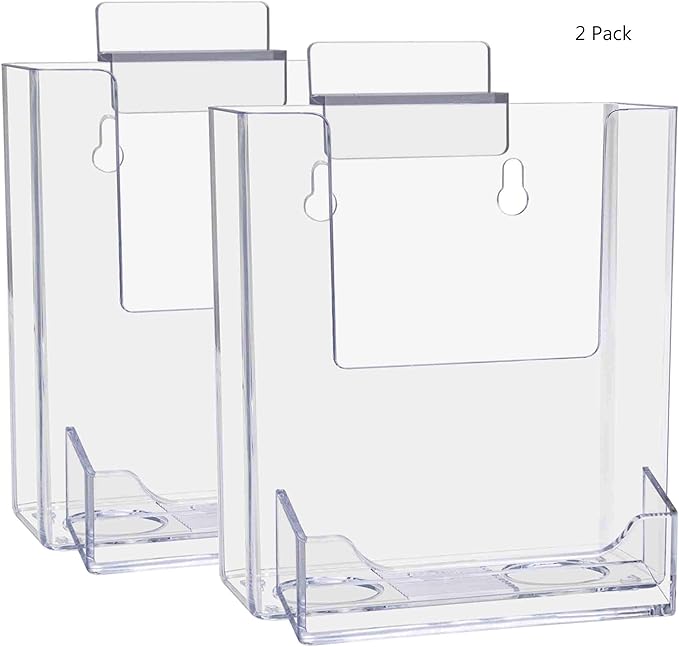Marketing Holders 2 Pack SlatWall Brochure Holder 4" W Trifold Pocket Retail Display with Attached 3.5" x 2" Business Card Slot Take One Literature Pamphlet Organizer Clear Acrylic
