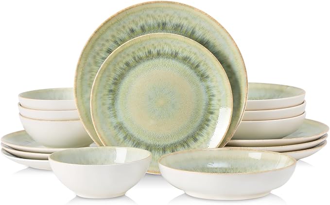DOMICREVERY Ceramic Dinnerware Sets for 4, 16 Pieces Plates and Bowls Sets, Moss Green