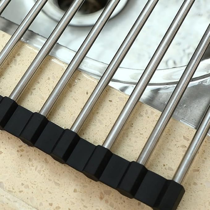 Foldable Silicone Over-the-Sink Dish Drying Rack Roll-Up Drainer Chopstick and Dishes Drain Stainless Steel Convenient