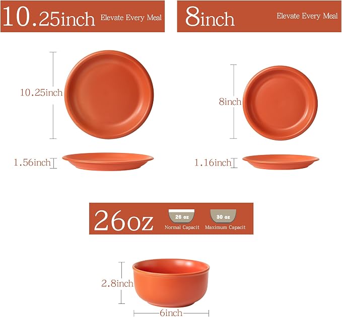Timeworn Clay Dinnerware Set, 6 Pieces, Terracotta Red | Stoneware Sets for 2, Hand-Finished Glaze, Farmhouse Plates and Bowls, Microwave and Dishwasher Safe