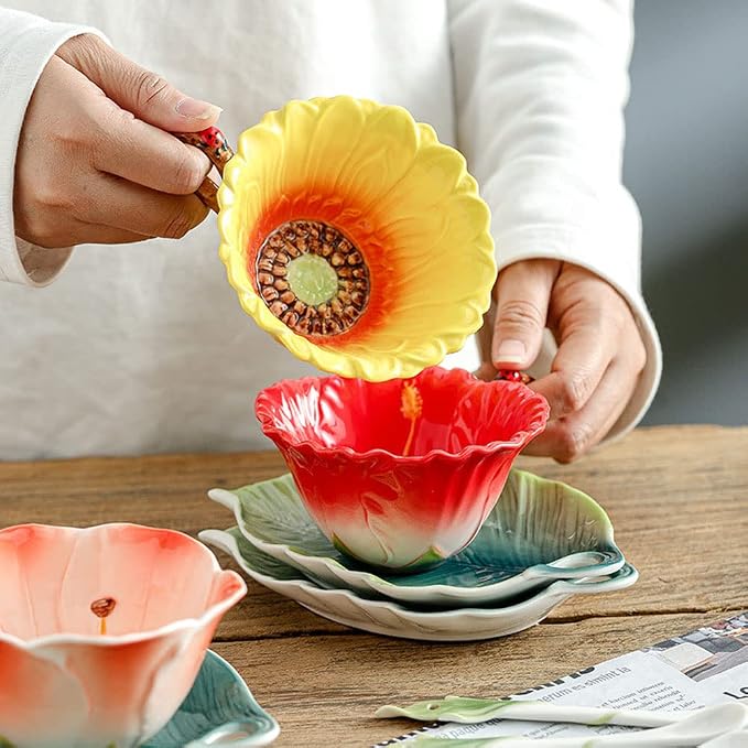 WAYUTO 3D Ceramic Coffee Mug and Saucer Set with Spoon Flower Leaf Coffee Mug Tea Cup with Decorative Handle Vintage Floral Drinking Cups Unique Gifts for Birthday Wedding Christmas 6oz Red