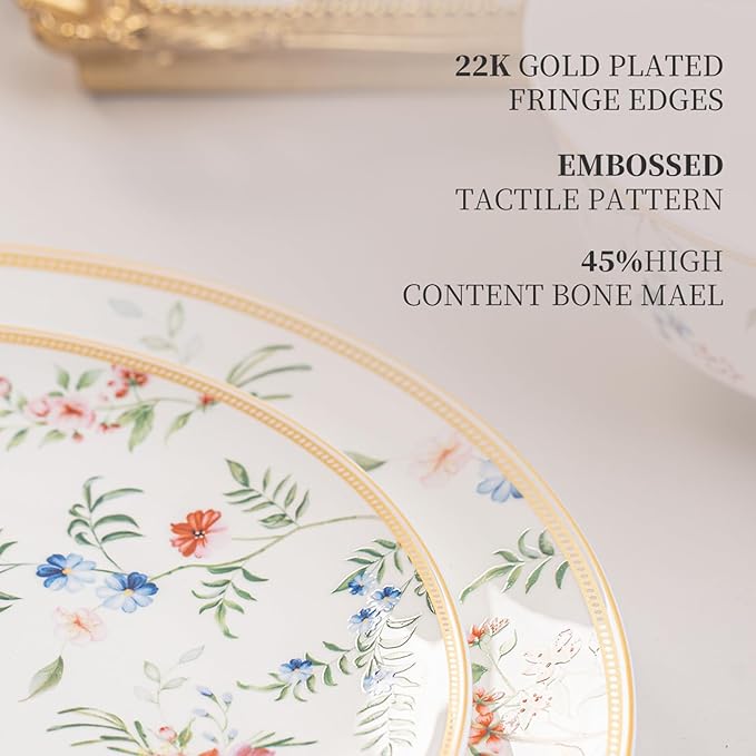 FHGNYSM Delicate Floral Dinnerware Set for 4,12-Piece Porcelain Lightweight Plates and Bowls Sets with Fine Sprigs and Blossoms, Ceramic Kitchen Dinner Set with Thin Gold Rim(English Garden Style)