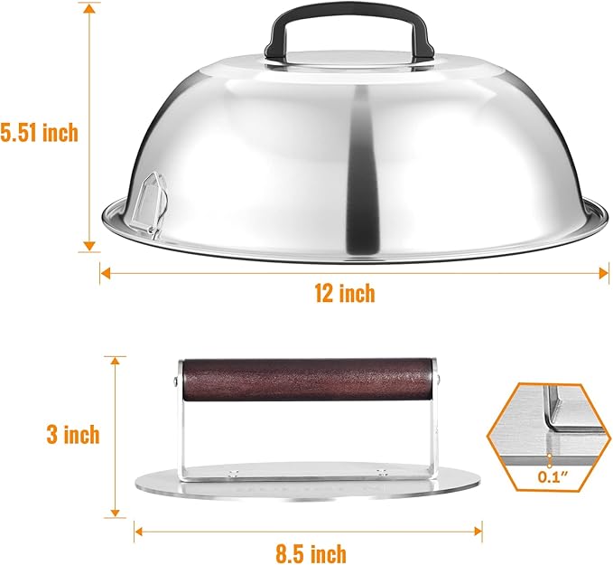 HULISEN Heavy-Duty Burger Press & Melting Dome Set, 8.5 Inch Round Stainless Steel Bacon Press with Wooden Handle, 12 Inch Basting Cover, Griddle Accessories Kit for Flat Top Grill Indoor/Outdoor