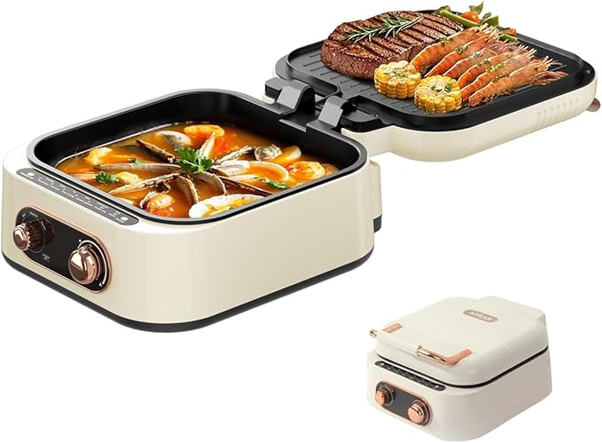 AORAN 7-in-1 Electric Griddle with Non-Stick Coating, Smokeless Grill for Frying, Baking, Boiling, Hot Pot, Steaming, Dual Zone Temperature Control, Foldable for Storage