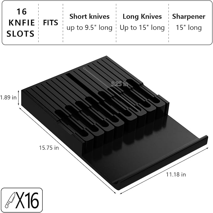 Domax Bamboo In-drawer Knife Block - Kitchen Knife Drawer Organizer Insert, Knife Holder without Knives Large, Drawer Knife Organizer Fits for 16 knives and 1 Sharpening Steel (Not Included), Black