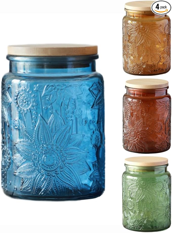 ANSQU 4-Pack Vintage Glass Canisters, 23.7 Fl oz Candy Jars with Lids, Vintage Colored Mason Jars for Kitchen Decorative Jar for Coffee Tea Candy Cookies, Cute Jars