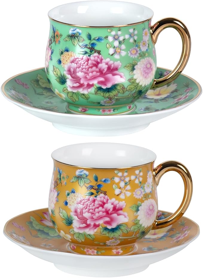 KAMMAK Tea Cups and Saucers Set of 2, Porcelain Coffee Cups, 7.1oz Stackable Espresso Mugs, Ceramic Demitasse for Coffee, Latte, Americano, Tea (942N+944N)
