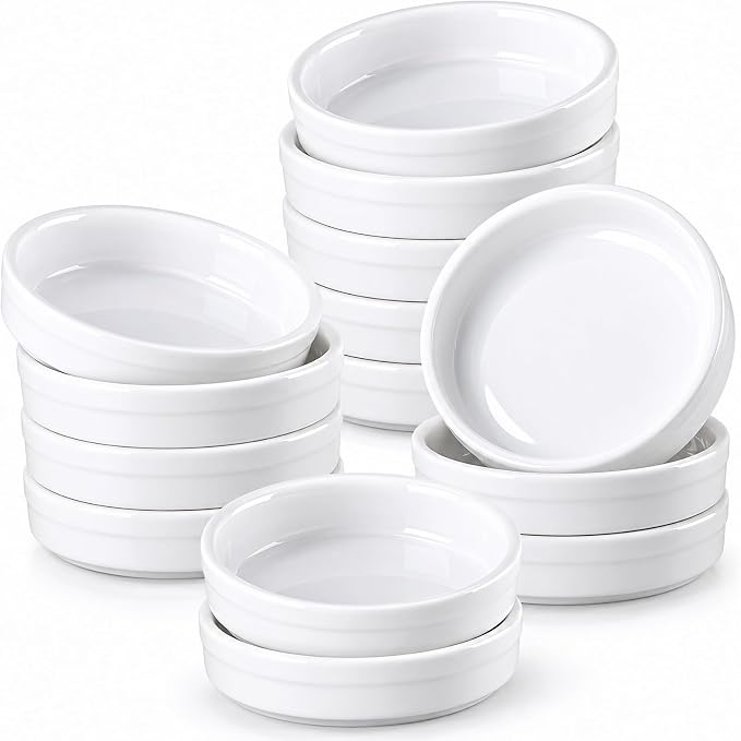 ONEMORE Creme Brulee Ramekins 4 oz Ceramic Baking Dishes, Oven Safe Ramekin Set, Small Porcelain Cups for Souffle, Custard, Dipping Sauce, Stackable White Kitchen Serveware, 14 Pack
