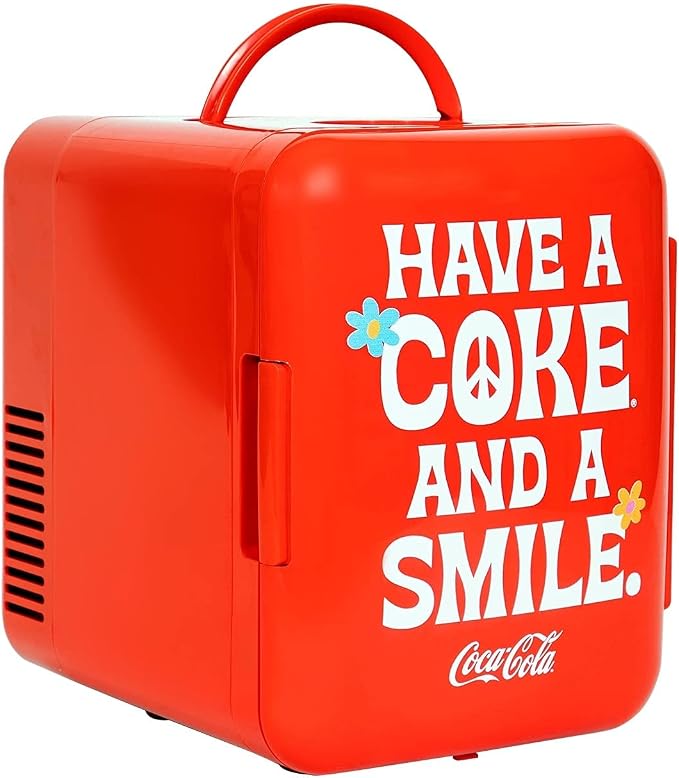 Coca-Cola Mini Fridge, 6-Can Portable AC/DC Thermoelectric Cooler & Warmer, Compact Dorm Fridge for Skincare, Office Desk, Car, RV, Countertop Beverage Storage, Retro Novelty Refrigerator