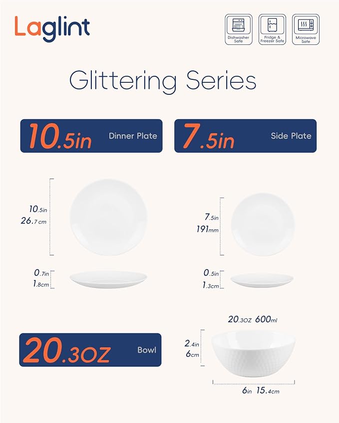 LaGlint Dinnerware Sets for 4, Light & Durable 12 Pieces Opal Glass Plates and Bowls Set, Dishwasher and Microwave Safe Dish Dinning Ware, Thin but Strong Geometric Faceted White
