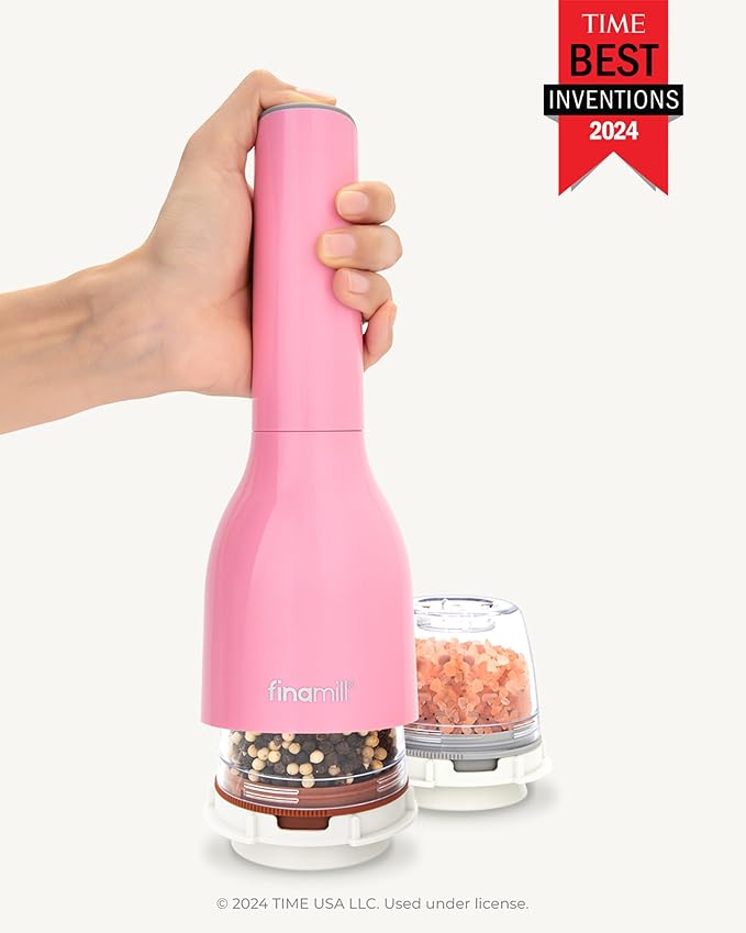 FinaMill Classic Battery-Operated Spice Mill Bundle with Slate Trio Stackable Tray – One-Handed Grinder with Interchangeable Pods, Space-Saving Spice Organizer, Valentine’s Day Gift for Food Lovers