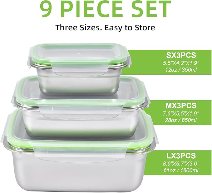 UPTRUST Stainless Steel Food Storage Containers | Leak Proof & Airtight Lids | Set of 9 Containers, Dishwasher & Freezer Safe