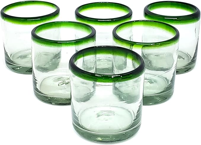 Emerald Green Rim 8 oz DOF Rock Glasses (set of 6), Recycled Glass, Lead-free, Toxin-Free (DOF Rocks)