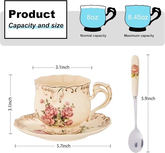 YOLIFE Tea Cups and Saucers Set of 2, Vintage Porcelain Tea Cups Set Floral with Gold Leaves Trim Design - 8 oz (Pink Rose with Gift Box(no stand))