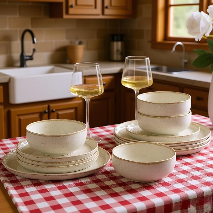 AmorArc Ceramic Dinnerware Sets, Wavy Rim Stoneware Plates and Bowls Sets, Highly Scratch Resistant | Dishwasher & Microwave Dishes set, Service for 4 (12pc)-Speckled Cappuccino)