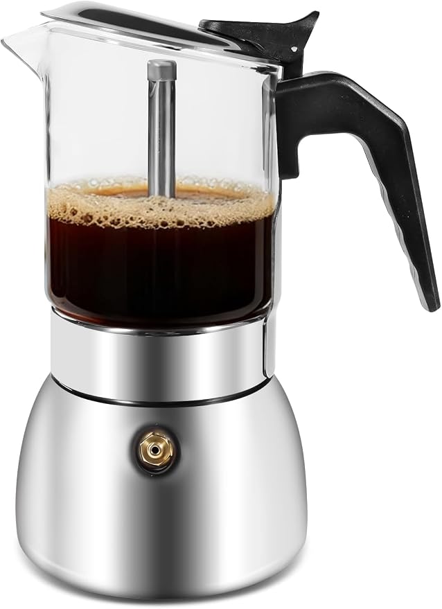 Moka Pot Stovetop Espresso Maker, Crystal Glass Top 304 Stainless Steel Coffee Brewer, 300ml 6-Cup Italian Coffee Pot for Gas Stove Home Kitchen & Camping
