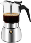 Moka Pot Stovetop Espresso Maker, Crystal Glass Top 304 Stainless Steel Coffee Brewer, 300ml 6-Cup Italian Coffee Pot for Gas Stove Home Kitchen & Camping