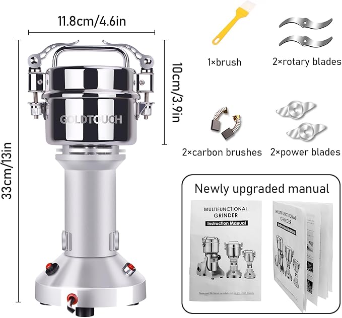 Goldtouch 150g Grain Mill Grinder 1500W Electric Stainless Steel Grain Grinder High-Speed Pulverizer Powder Machine for Dry Wheat, Oats, Corn, Pepper and Coffee Beans (150g Stand Type)