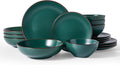 Famiware Venus Stoneware Dinnerware Set with Pasta Bowls for 4, 16-Piece Speckled Plates and Bowls with Trim, Matte Dark Green - Chip‑Resistant Dishes for Everyday & Formal, Microwave/Dishwasher Safe