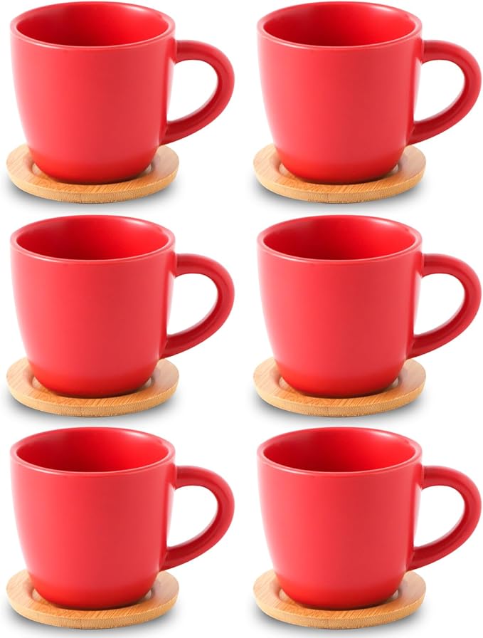 HASENSE Cappuccino Cups with Bamboo Saucers Set of 6, 8 OZ Ceramic Espresso Cups with Handle for Double Shot, Latte, Mocha, Stackable Coffee Cups for Cafes, Home and Office, Red