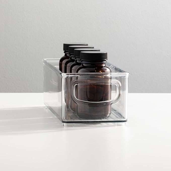 mDesign Plastic Bathroom Storage Container Bins w/ Handles - Closet, Cabinet, Vanity, Cupboard Shelf Organization, Hair Tools Accessory Organizer - Ligne Collection; Clear, 10x4x3 (Pack of 1)