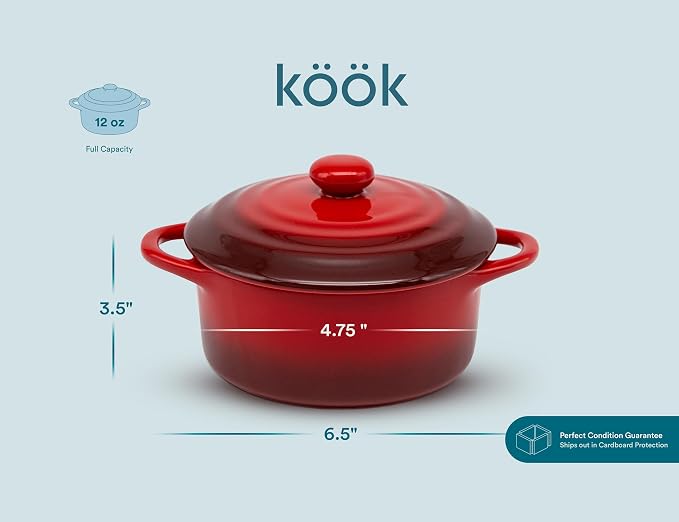 Kook Ceramic Mini Cocotte Set, Small Casserole Dishes with Lids and Handles, Individual Baking Ramekins, Oven safe 350F, Microwave & Dishwasher Safe, Stoneware, 12 oz, Set of 4, (Crimson Ombre)