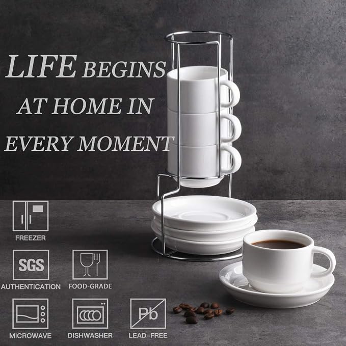 Sweejar Porcelain Espresso Cups with Saucers, 4 Ounce Stackable Cappuccino Cups with Metal Stand for Coffee Drinks, Latte, Tea - Set of 4 (White)
