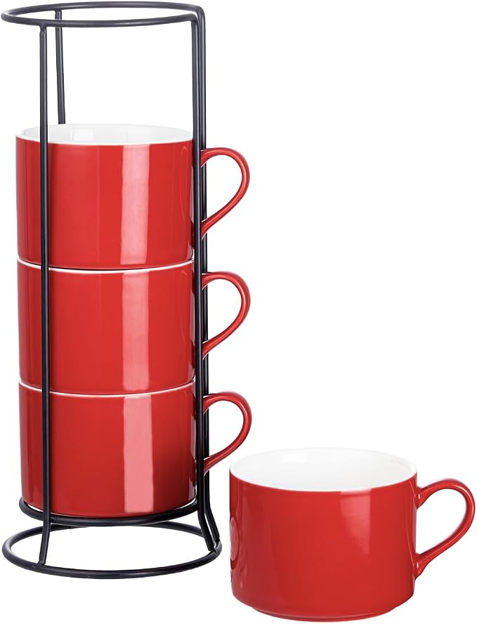 10oz Porcelain Stackable Coffee Mugs and Metal Stand Set of 4, Espresso Cups Set for Hot Drinks, Cappuccino, Tea-Red