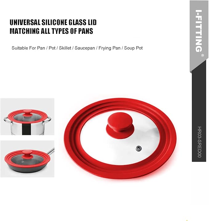 Universal Lid for Pot,Pan,Skillet Fits 8.5", 9.5,10 Cookware Silicon lid Dishwasher Safe, Replacement Lid Vented Tempered Glass with Heat Resistant Silicone Rim By HR Huare Technology, Red,1 Pack