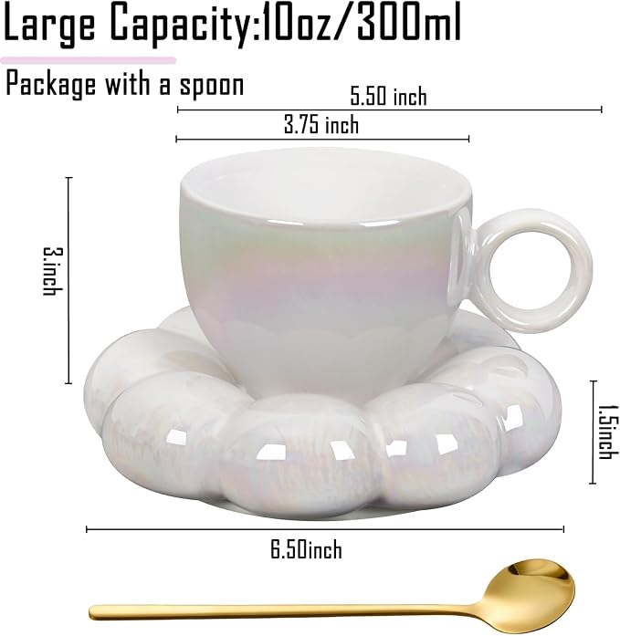 ARISKEY 10oz Coffee Mug for Women,Cute Tea Cup and Saucer Set with Spoon,Perfect for Latte and Milk, A Warm Choice for Mother's Love,Pearl White