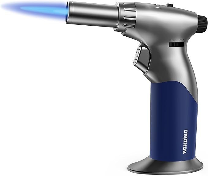 Sondiko DUAL Adjustable Flame Butane Torch Lighter, Mini Blow Torch, Refillable kitchen Torch with Continuous Flame Lock for Creme Brulee, Cooking(Butane Gas Is Not Included)