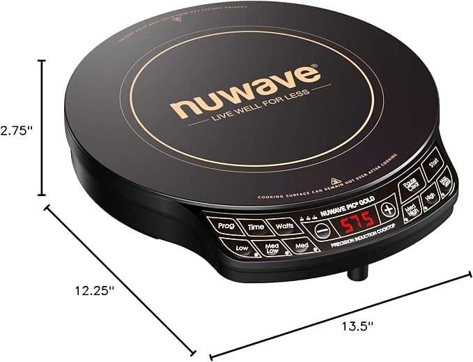 Nuwave Precision Induction Cooktop Gold, 12” Shatter-Resistant Ceramic Glass Surface, Large 8” Heating Coil, Portable, 96 Temp Settings 100°F to 575°F, 3 Wattage Settings 700, 900, and 1500 Watts
