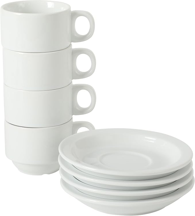 Gibson Home Gracious Dining 3-Ounce Espresso Cups Set of 4, Small Stackable Coffee Cups with 4 Saucers, Metal Stand, Ceramic Demitasse Mugs, Espresso Accessories for Machine