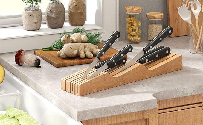 In-Drawer Knife Block Organizer - Bamboo Wood Drawer Knife Organizer-Protecting Knife Organizer Block (Not Included) (Natural, 7 Knives Dock)