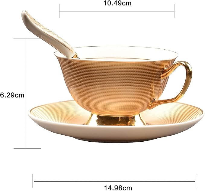 Bone China Golden Stripe Tea Cup with Saucer Spoon Set (7oz) - Cappuccino, Coffee, Tea Cup Set - British, Porcelain - Latte - Mother's Day Gift