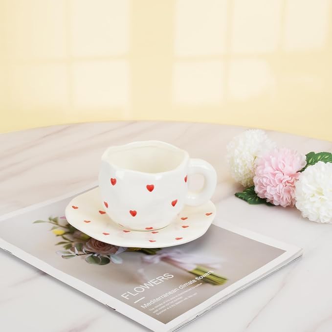 Koythin Ceramic Coffee Mug with Saucer, Cute Red Heart Cup for Women for Office and Home, Couple Cups for Girlfriends, 10 oz/300 ml for Latte Tea Milk (Small Red Heart)