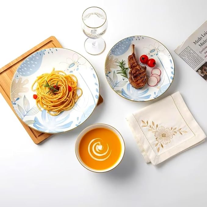 HUHUI Ceramic Dinnerware Set, Service for 4, 12-Piece, Blue Floral | Sunflower Floral, Scratch Resistant, Microwave Safe, Dishwasher Safe
