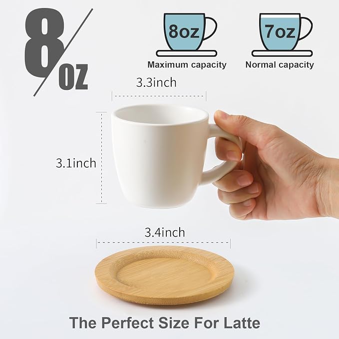 HASENSE 8 oz Cappuccino Cups with Saucers set of 6, Porcelain Coffee Mugs Latte Mugs with Handle Perfect for Double Shot, Americano, Milk and Tea, White