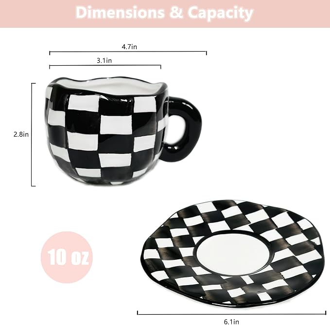 Noviko Checkered Mug Ceramic Checker Tea Cup and Saucer Set 10 oz