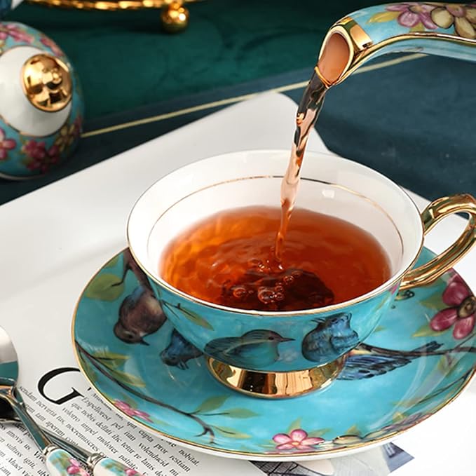 Bone China Blue Bird Tea Cup with Saucer Spoon 3 Piece Set（7oz） Cappuccino Cups, Coffee Cups, Tea Cup Set, British Coffee Cups, Porcelain Tea Set, Latte Cups, Mother's Day Gift