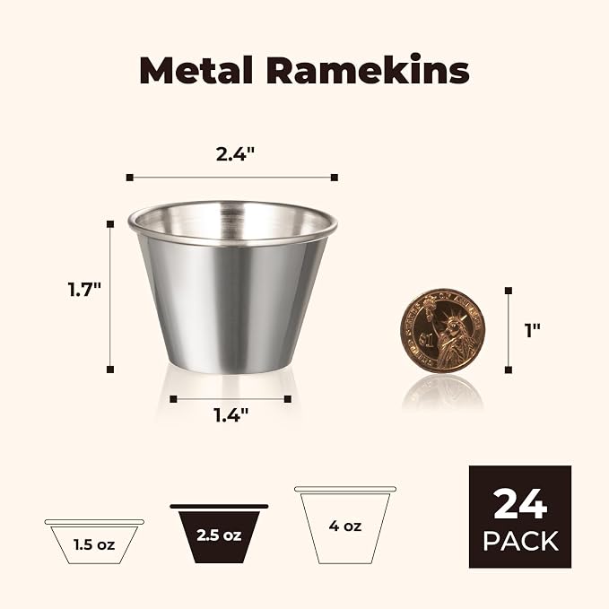 Fit Meal Prep [24 Pack 2.5 oz Stainless Steel Dipping Sauce Cups, Reusable Metal Ramekins, Commercial Grade Condiment Bowls, Individual Portion Cups, Small Round Au Jus Cup for Home, Restaurant