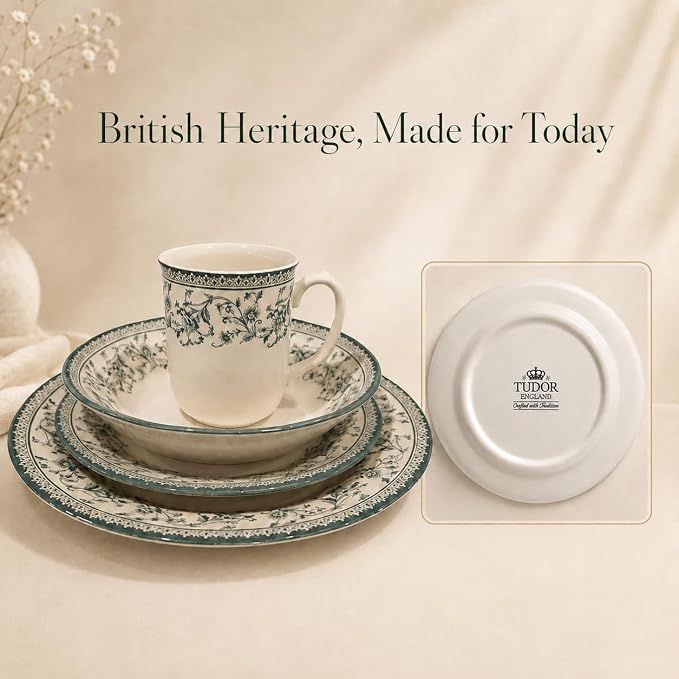 Tudor Royal 24-Piece Round Dinnerware Set, Service for 6, Aster Green Design, Red Floral, Plates Bowls Mugs Dishes, High Gloss Premium Quality
