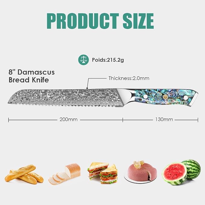 KEENZO Bread Knife,8 inch Multifunction Serrated Knife,Razor Sharp Professional Damascus Steel Cooking Slicer for Homemade Bread, Cake,Full Tang Ergonomic Abalone Shell Resin Handle,Gift Box