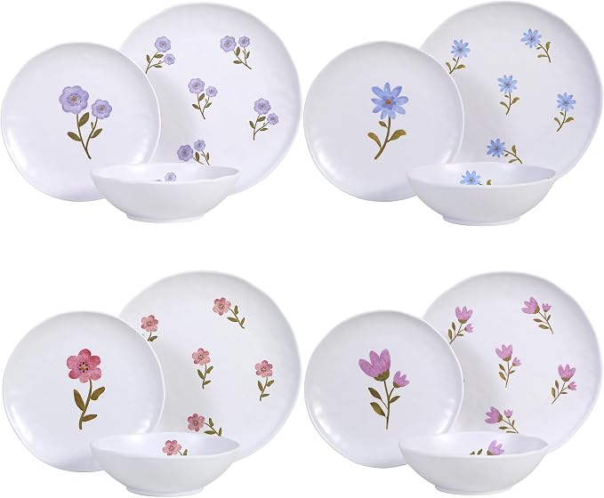 12Pcs Floral Melamine Plates and Bowls, Outdoor Camping Dinnerware | Service for 4, Round Dishes For Picnic, Party, RV, Unbreakable & Shatterproof & Lightweight, Dishwasher Safe